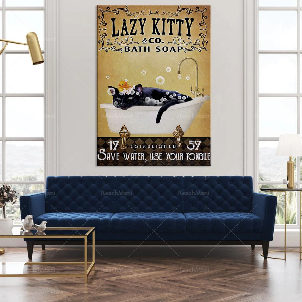 Lazy Kitty poster, save water, use your tongue poster, cat smoke poster, vintage black cat canvas print, bathroom wall decor