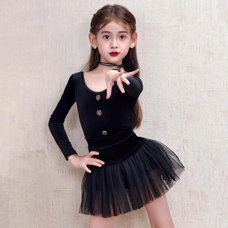 Kids Girls Latin Dance Costume Velvet Long Sleeve Bodysuit and Mesh Chiffon Skirts Rumba Chacha Performance Practice Set