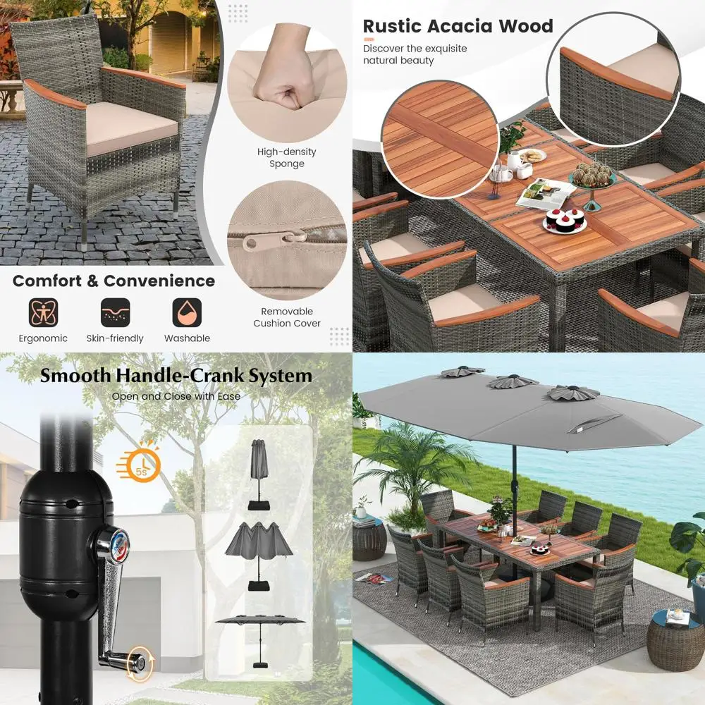 

Плетеный обеденный комплект для улицы из 10 предметов с креслами из акации, столом 71 дюйма и двусторонним зонтом с утяжеленным основанием (серый)