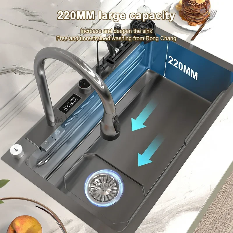 304 Stainless Steel Kitchen Waterfall Sink Digital Display Large Single Sink Dish Basin Sink With Multifunction Touch Waterfall