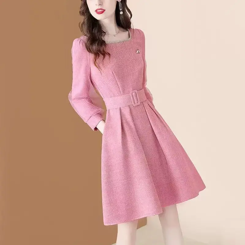 Autumn Winter Woolen Dress Women Elegant Office Ladies Work Knee-Length Midi Dress Long Sleeve A Line Blue Pink Party Vestidos