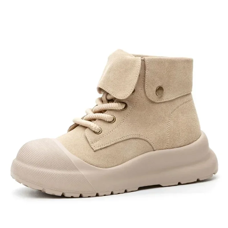 

4.5CM Cow Suede Leather Platform Ankle Boots For Women Thick Bottom Chunky Platform Wedges Heel Casual Round Toe Short Boots