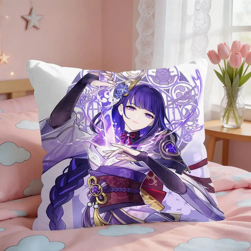 Raiden Shogun Genshin Impact Cushion Cover Square Short Plush Pillow Case Living Room Sofa Home Decor Funda 40X40