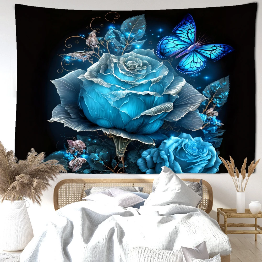 Blue Rose Butterfly Tapestry Wall Hanging Simple Abstract Mysterious Art Bohemian Living Room Bedroom Home Decor