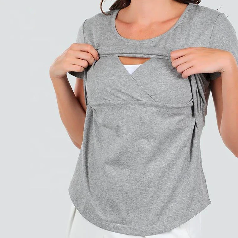 Double Layer Lift Maternity Nursing Top Short Sleeve Round Neck Cotton Stretch Curved Hem Pregnancy Breastfeeding T-shirt