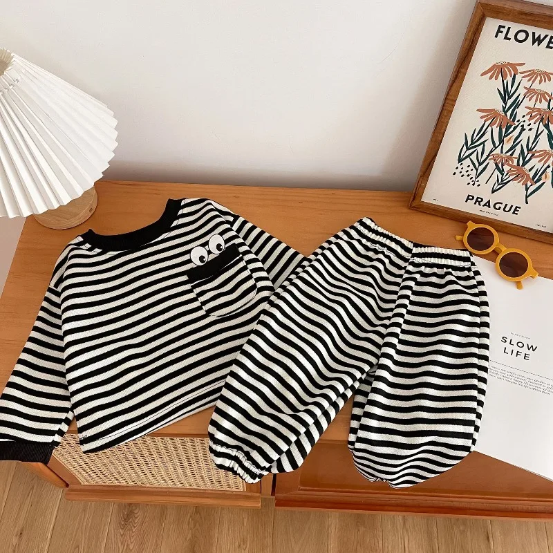 Bellbell Autumn Children Girl 2PCS Clothes Set Round Collar Kids Girl Striped Sweatshirt Loose 1-10Yrs Toddler Girls Pant Outfit