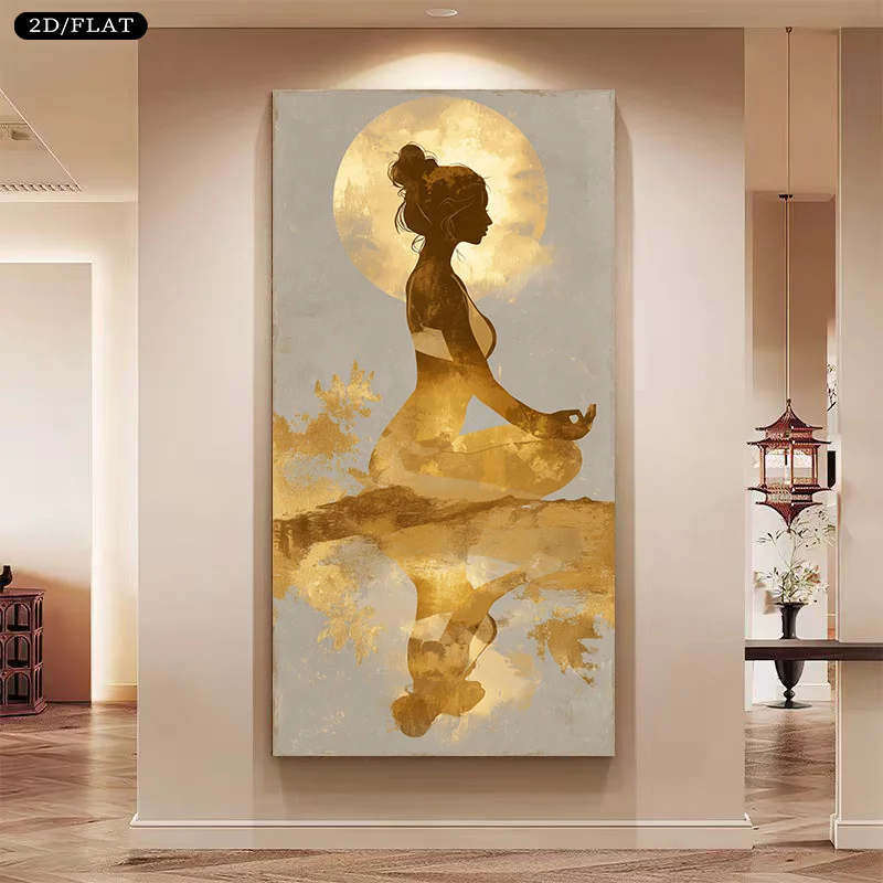 

2D/Flat Golden Yoga Meditation Women Canvas Wall Art, Frameless Modern Beige & Golden Spiritual Zen Prints for Living Room Decor