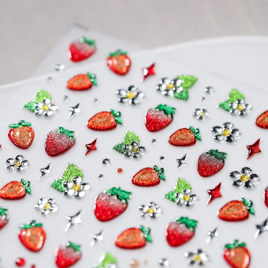 

Cute Realistic Strawberry Food Star Flower Glitter Powder Jelly Adhesive Nail Art Stickers Fruit Embossed Reliefs Manicure Decal