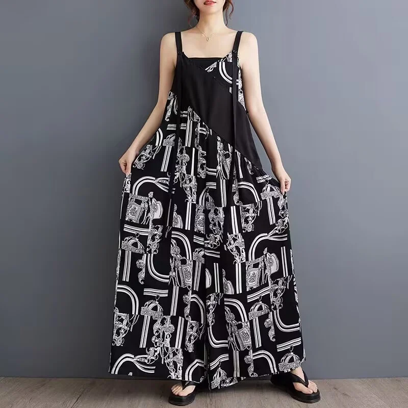 Frans ontwerp gevoel mode groot formaat jumpsuit dames zomer losse casual schouderband wijde pijpen broek dames bodysuit