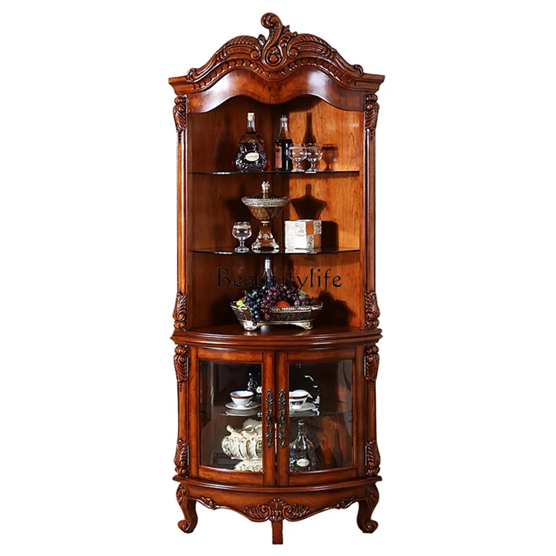 

*American solid wood triangular cabinet European carved living room display cabinet retro storage