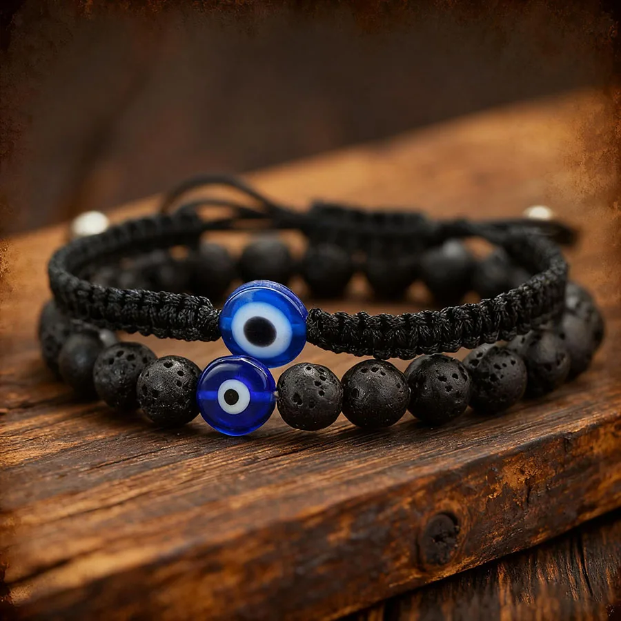 Viking 2Pcs Turkey Terror Eyes Bracelet Men Braided Adjustable Knot 8mm Black Red Stone Beads Wristband Retro Street Homme Joias