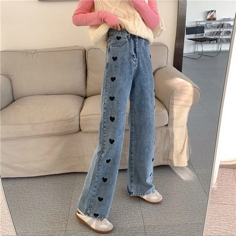 Women\'s Jeans Embroidery Heart Button High Waisted Denim Trousers Female Spring Summer Thin Wide Leg Pants Fashion Streetwear