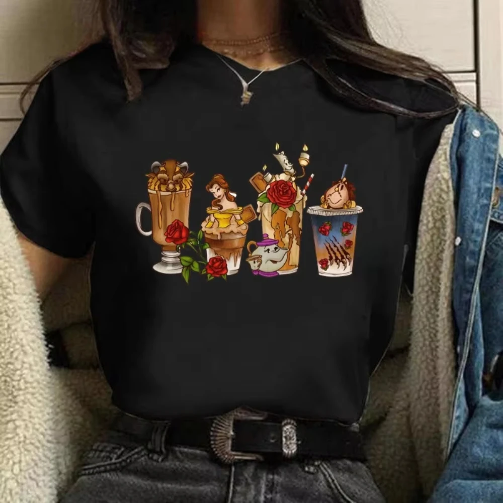 

Disney Cartoon Coffee Women T-Shirt Alice in Wonderland Print Princess T Shirt Femme Summer Tops Female Graphic Black Men's Tops