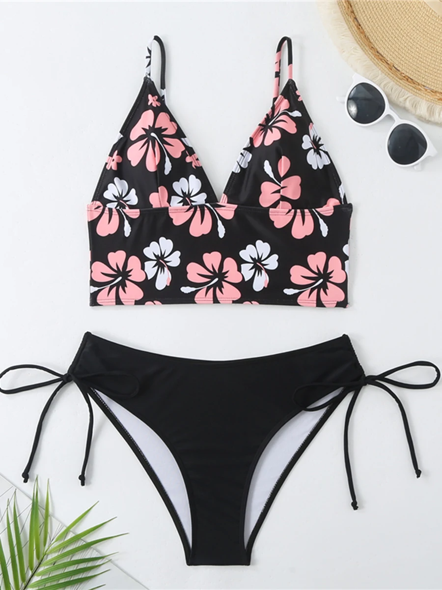 2024 Floral V Neck Drawstring Two Piece Bikini Swimsuit Women Sexy Swimwear Female Bather Bathing Swimming Swim Suit Beachwear