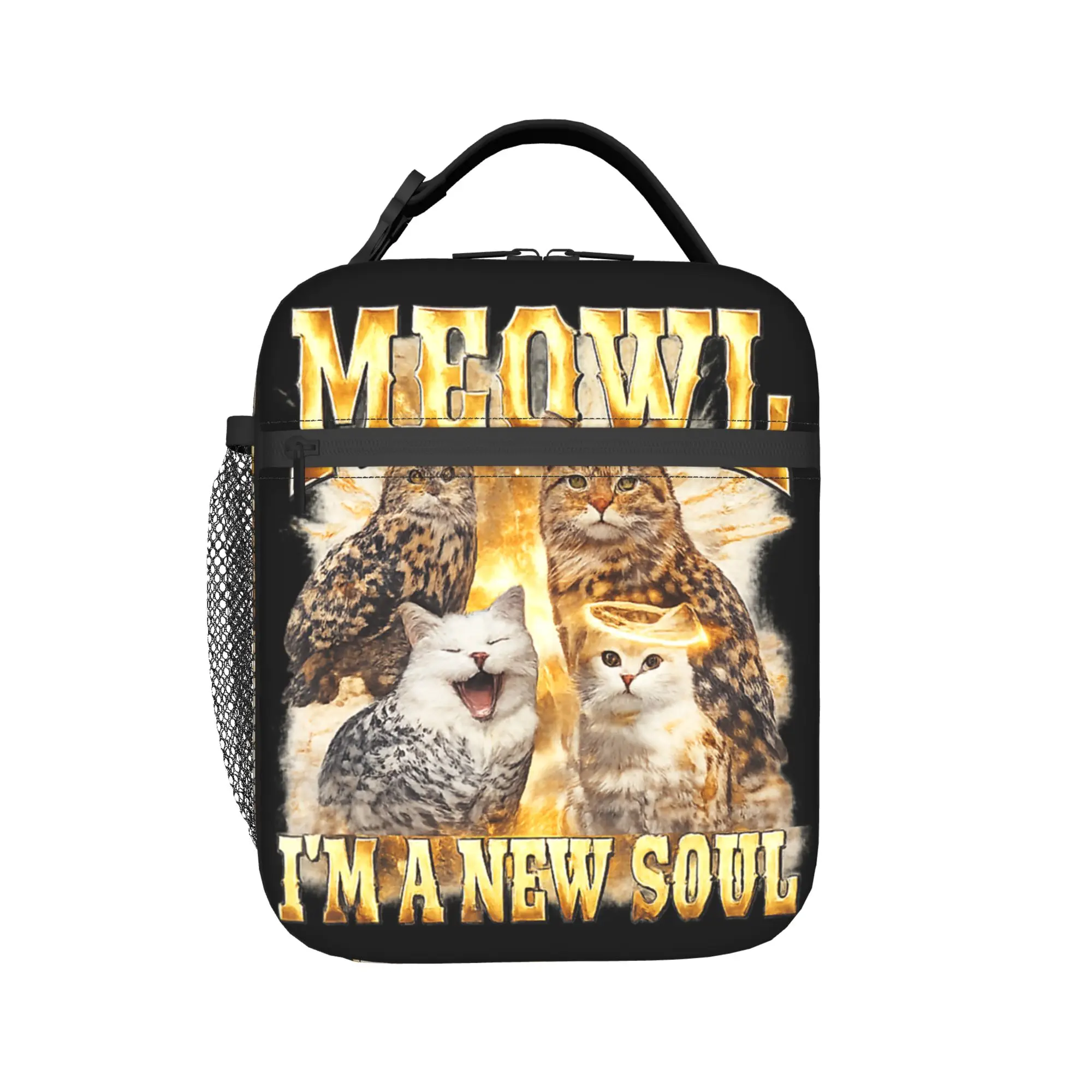 Meowl I'm A New Soul Funny Raunchy Cat Owl Meme Weird Joke Lunch Bag  Portable Lunch Box Women Cooler Bag Thermal Tote Handbags