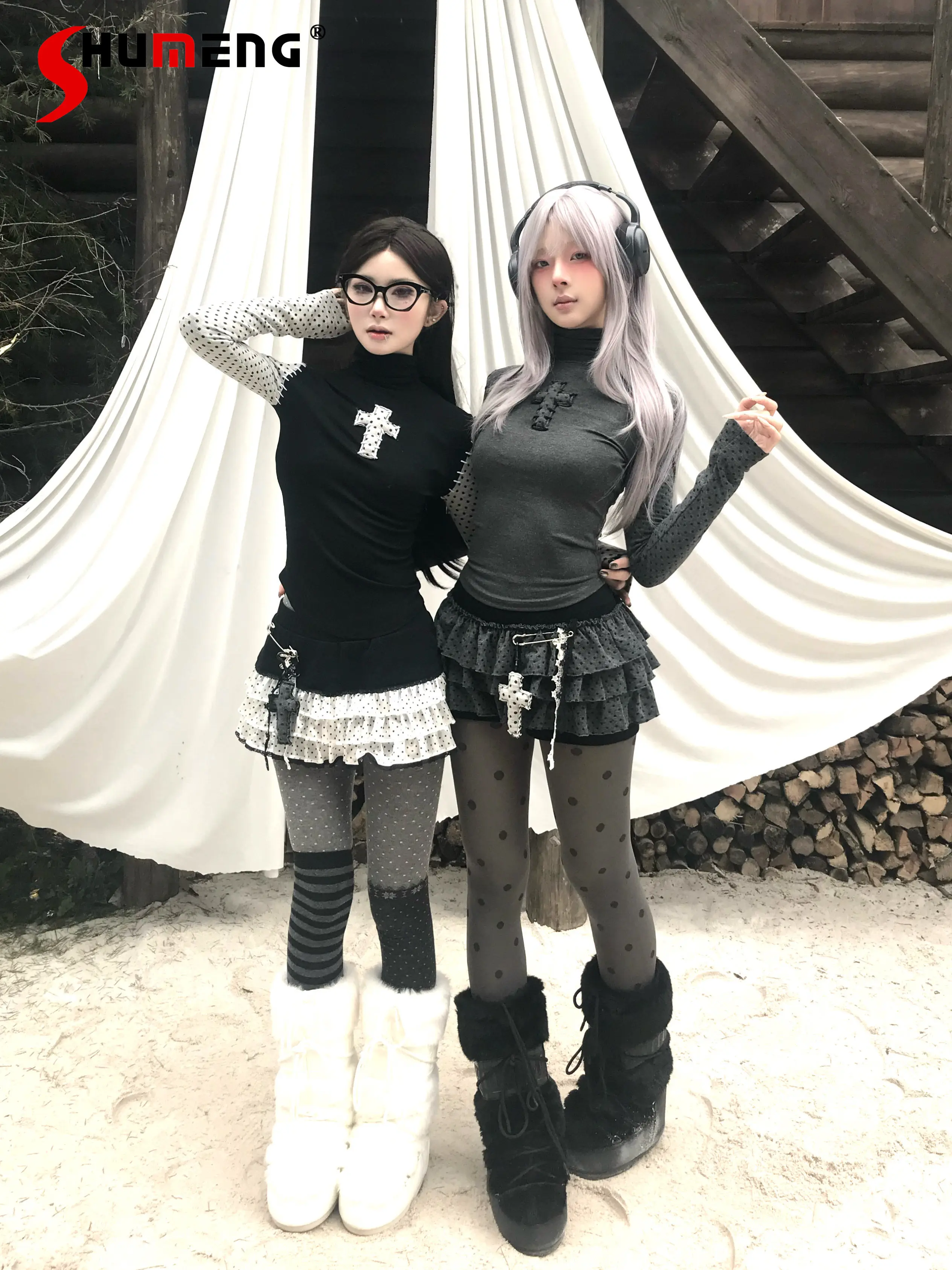 

Original Design Gothic Punk Woman's Cross Polka Dot Print Long Sleeve Top Cake Skirt Outfit Japanese Slimming Women's Clothing