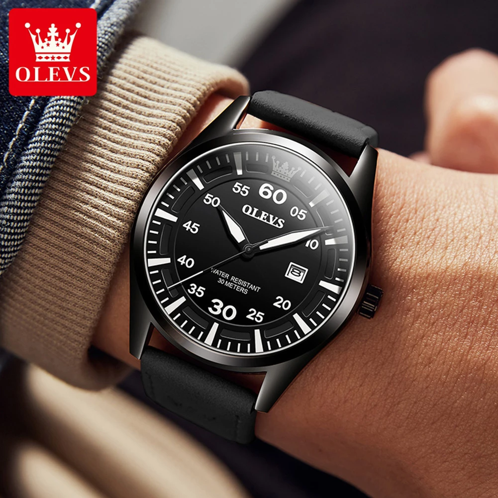 OLEVS 9962 Quartz Fashion Watch Gift Round-dial Genuine Leather Watchband Wristwatch Calendar