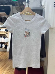 New Cute Little Deer Flowers Embroidery T-shirt Woman O-Neck Slim Short Sleeve Cotton Tees Tops Spring Casual Sweet Y2K Tshirts