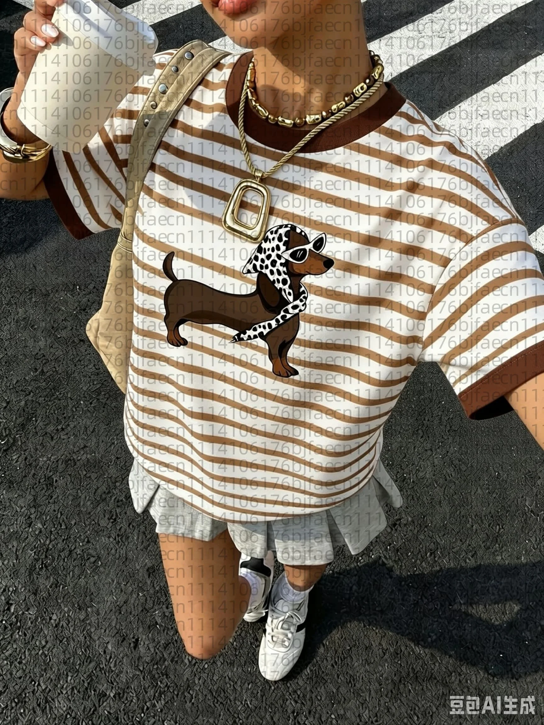 Summer Women Raise Your Hand Teddy Bear Striped T-shirt Y2K Plus Size Round Neck T-shirt Street Casual Sports Top