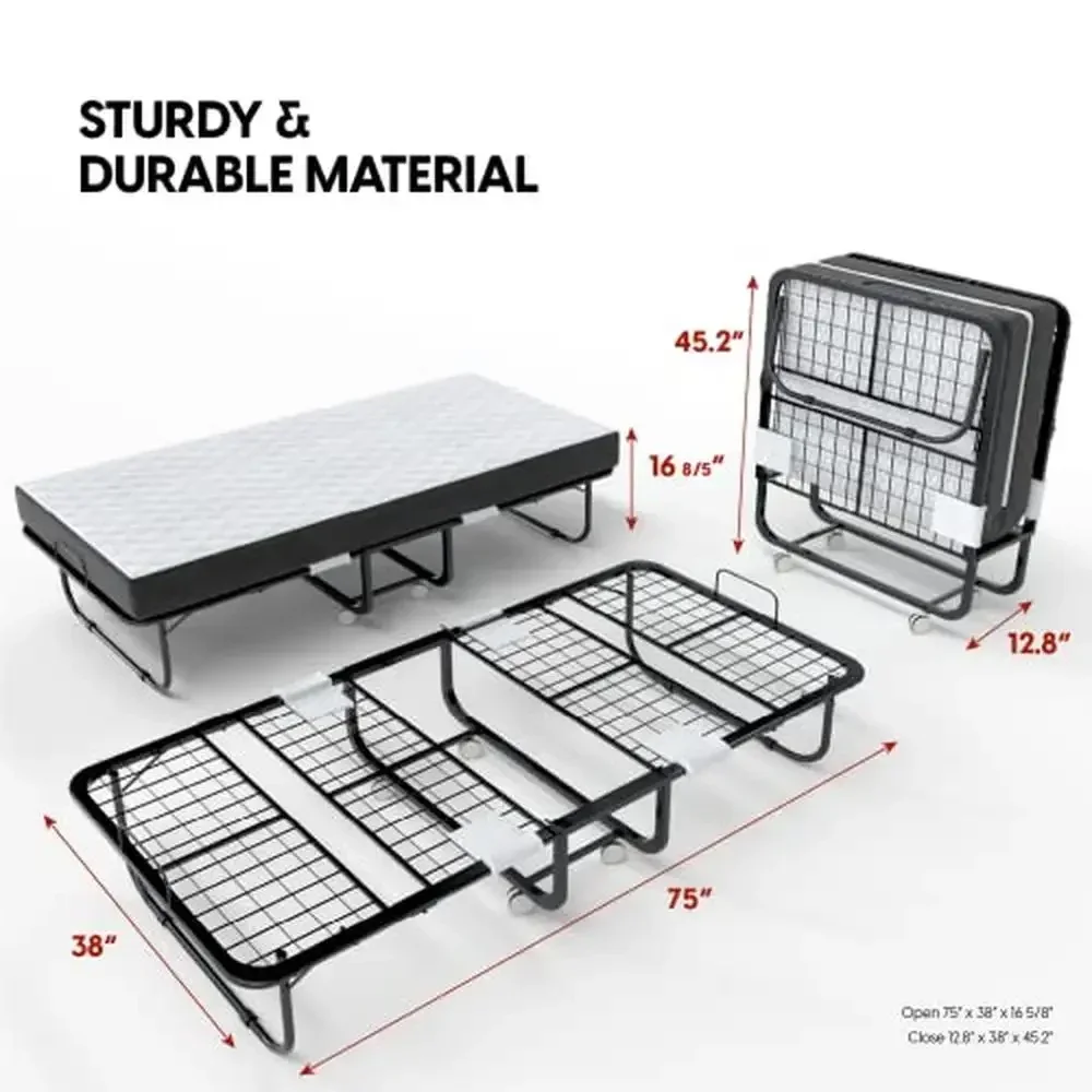 Portable Foldable Roll Away Twin Bed Frame with Memory Foam Mattress 75x38 Size Strong & Stable Space-Saving Multi Use Easy