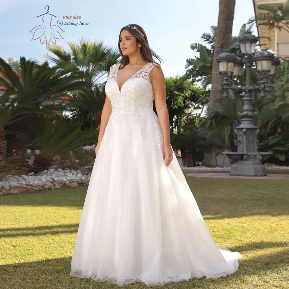 

Classic Tulle Wedding Dresses Plus Size V Neck Sleeveless Bride Gowns Lace Appliques Floor Length A-Line Vestido De Noiva 2024