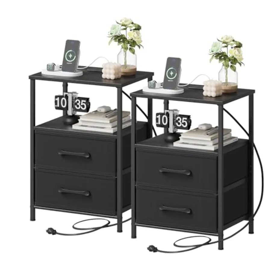 

Nightstands Set of 2 with Charging Station Black Bedside Table with 2 Fabric Drawers and Open Shelf Small Side End Table for Be