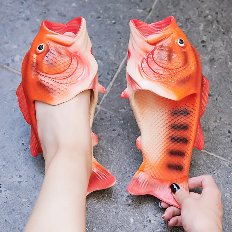 Funny lifelike fish slippers plus size 43- 47 women\'s weird animal slides beach slippers unisex indoor outdoor shoes flip flops