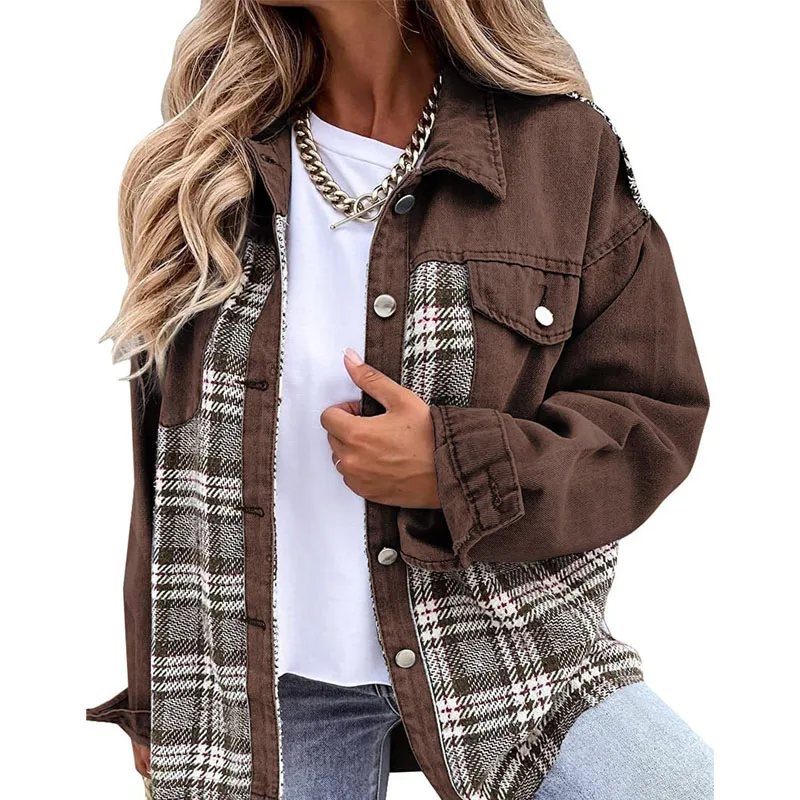 2023 New Winter Fashion Plaid Color Matching Trend Casual Shake Head Button Shirt Collar Versatile Commuting Style Denim Jacket