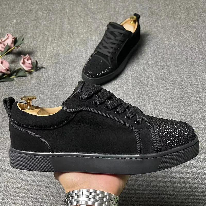 men casual party banquet dress rhinestone shoes lace-up cow suede leather flats shoe diamond studded sneakers stylish footwear