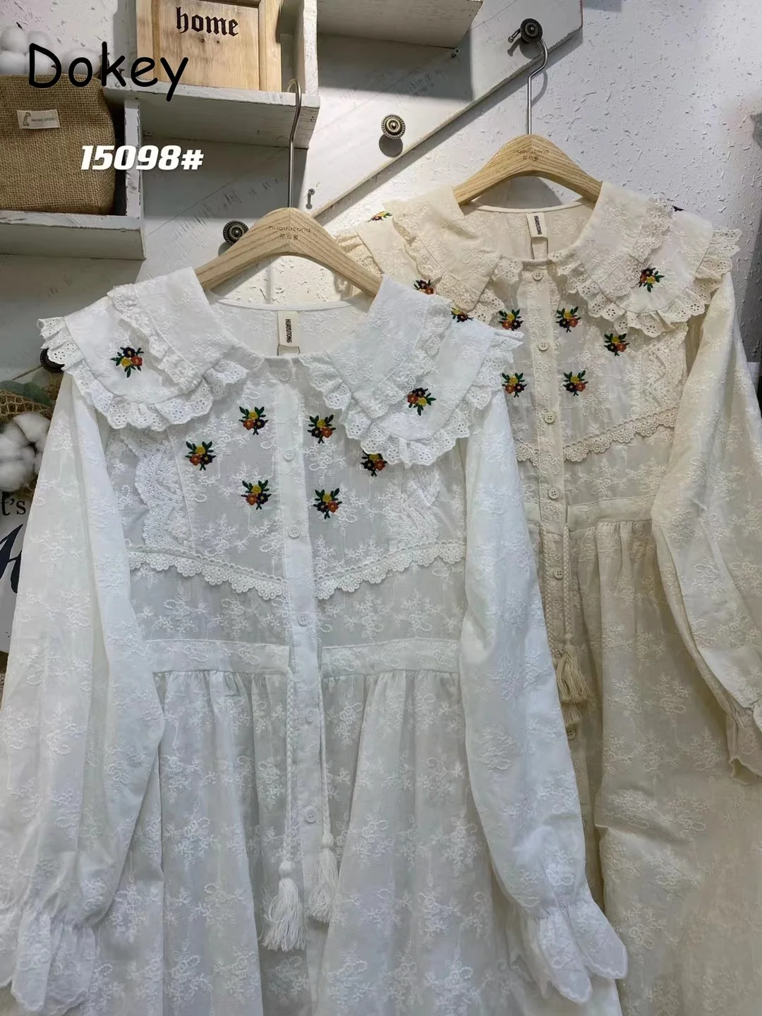 

Vintage Flower Embroidery Doll Collar Long Sleeve Cotton Linen Dress Women Retro Japanese Mori Girl Lace-up Kawaii White Dresses