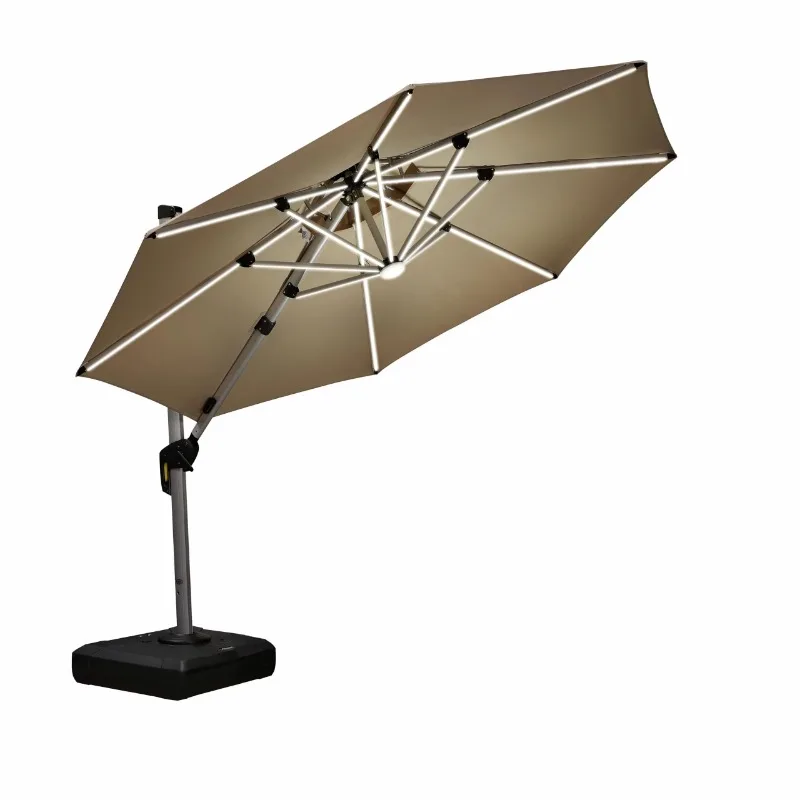 

10 футов светодиодный алюминиевый подвесной зонт для патио на солнечной энергии Deluxe со смещением 360 ° Вращение для открытого рынка, садового бассейна на заднем дворе