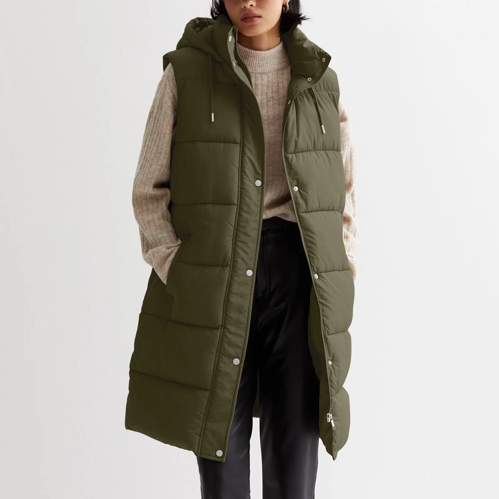 

2026 Autumn Winter Parkas Long Vest Hooded Top Women's Casual Fashion Zipper Single-breasted Jacket Loose Overcoat
