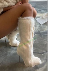 White Metal Heel Fur Boots Stiletto Side Zipper Knee High Boots Winter Fur Warm Ladies Shoes