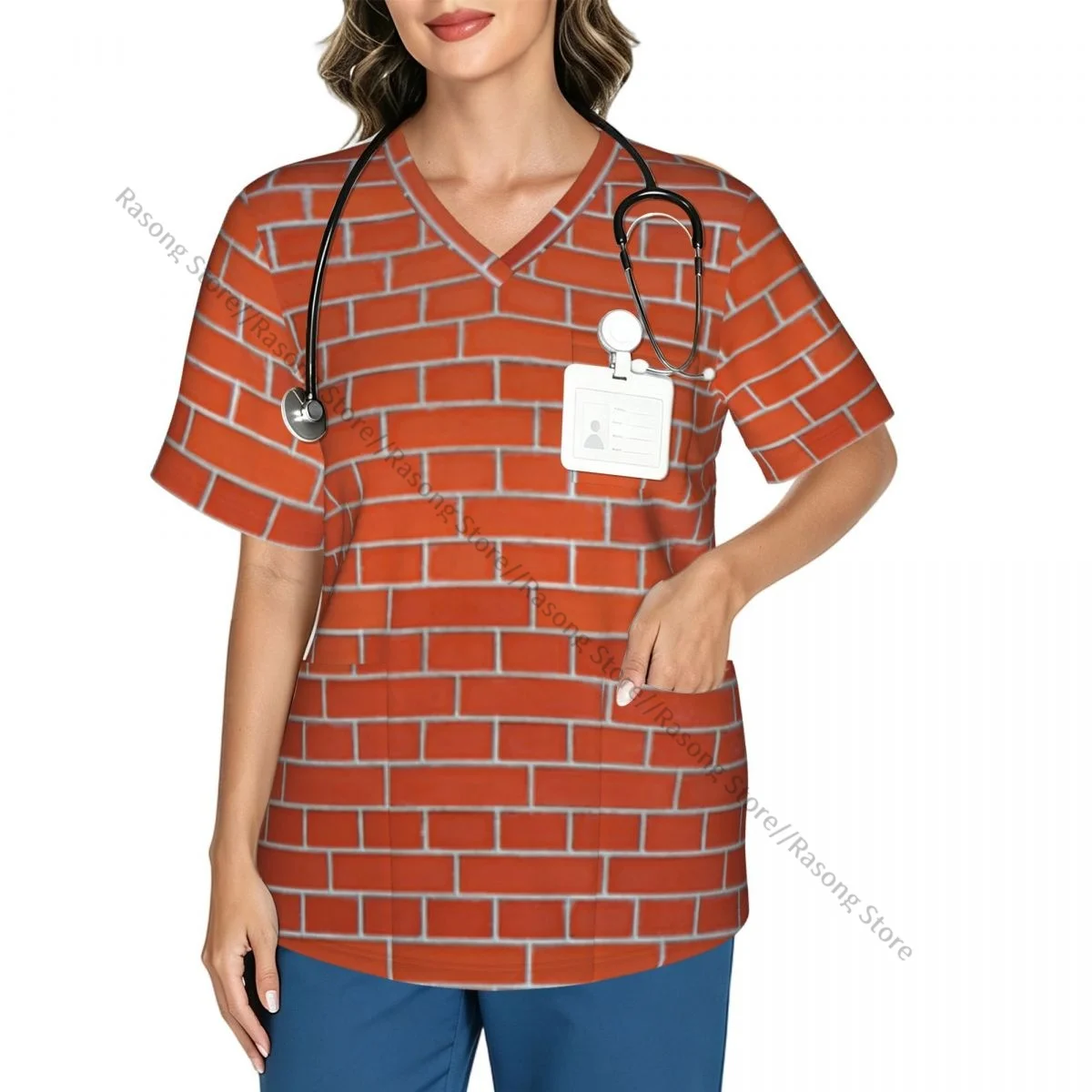 Women's Scrub Tops Short Sleeve Workwear Shirts Fitness Nursing Uniform Red Brick Wall Background Pullover Doctor Nursing Shirt