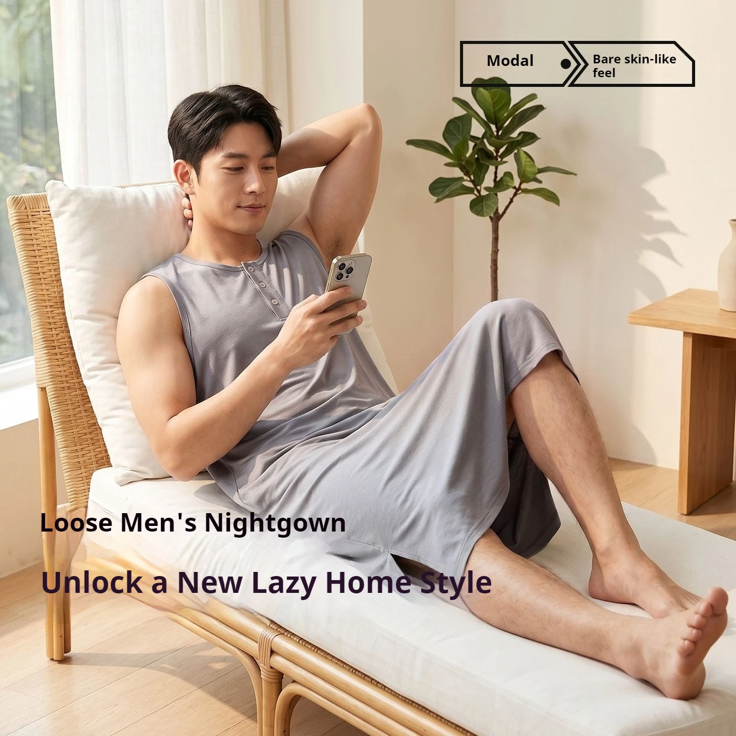 Men's Nightgown  Plus Size Loose Sleeveless Long Modal Ice Silk Smooth Home Nightwear view 6