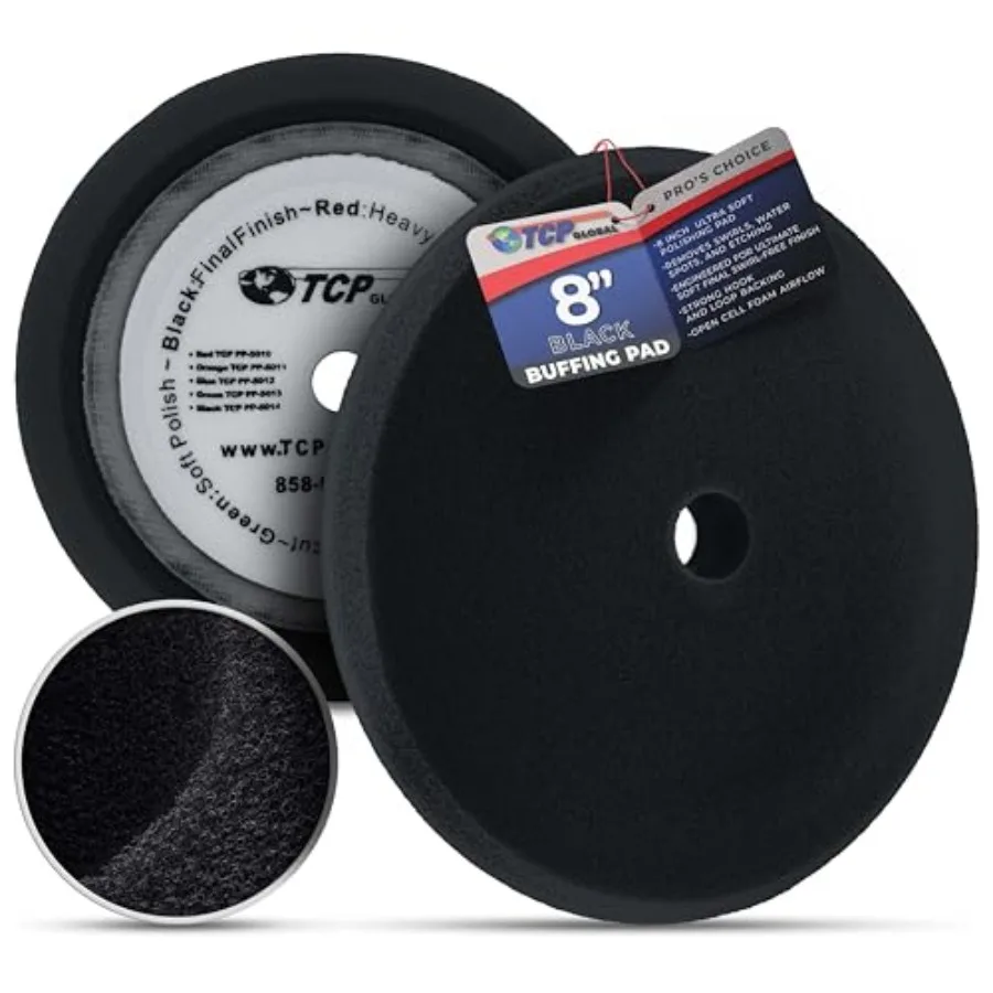 

8" Black Foam Buffing Pad Extra Fine Finishing Polish Hook and Loop Backing - Buffing Pad for Automotive, Marine, Truck, RV and