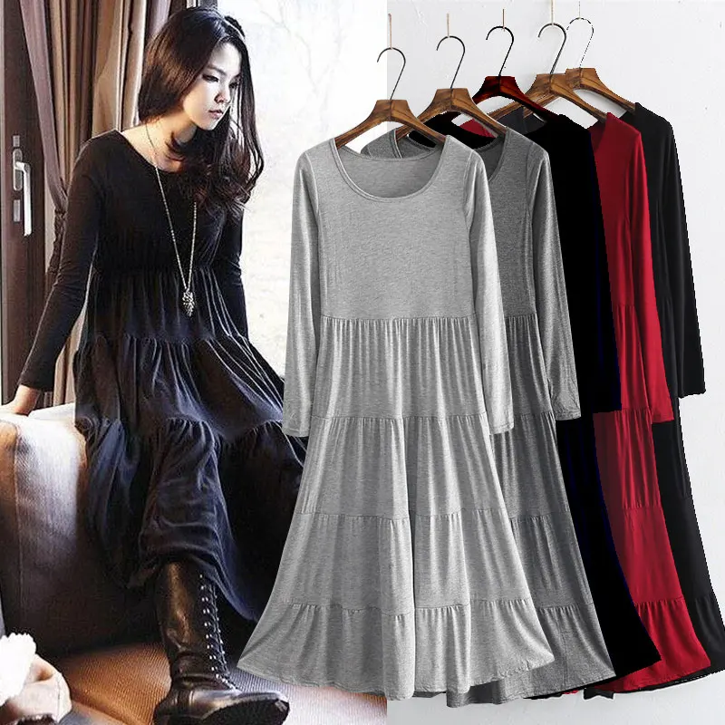 

Korean Version of the Spring and Autumn Modal round Neck Long-sleeved Dress Women's summer Large Size Loose Bottoming Skirt