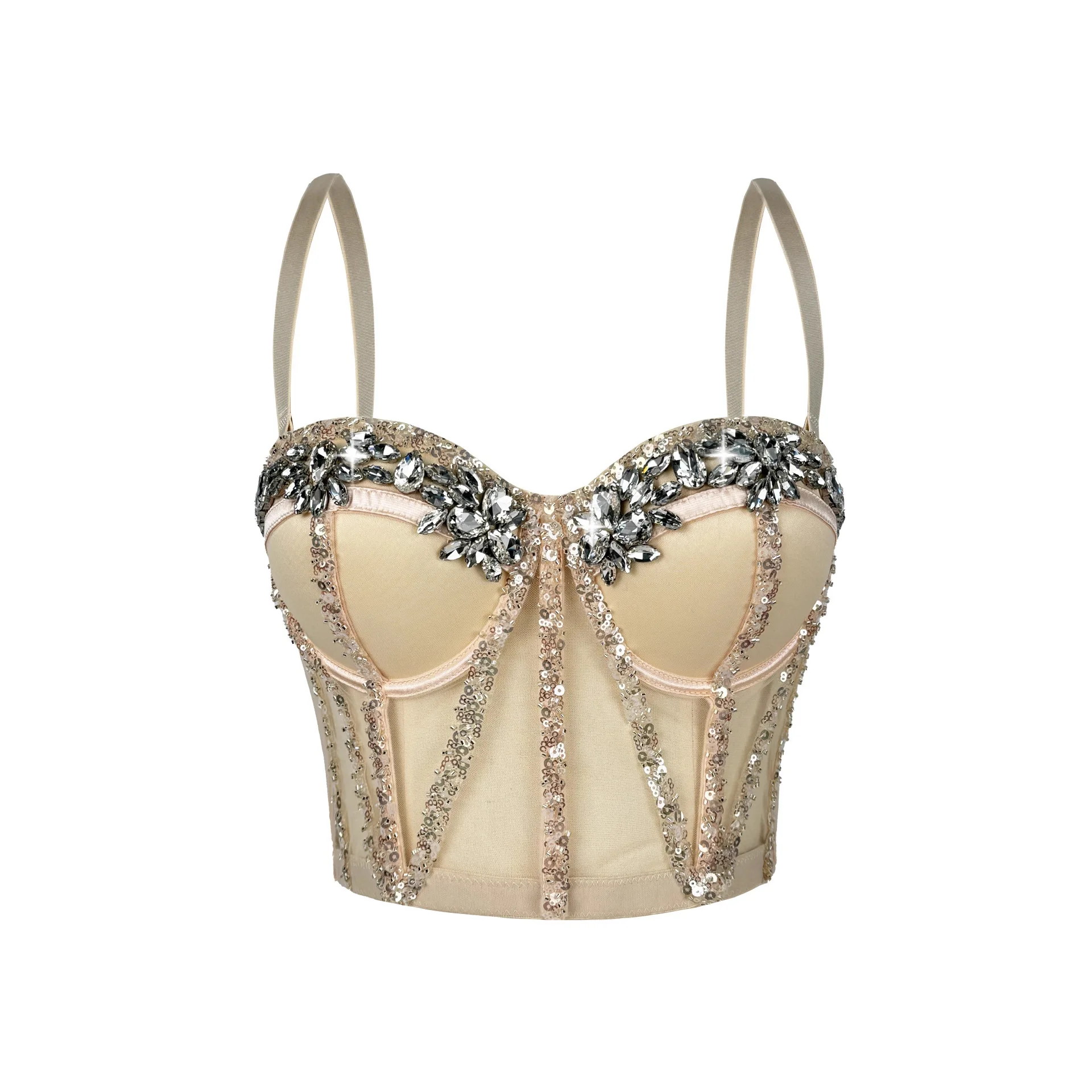 Rhinestones Slimming Corset Top Women Camis Nightclub Pearls Short Chest Binder Camisole Mujer Lingerie Tube Bra Debardeur
