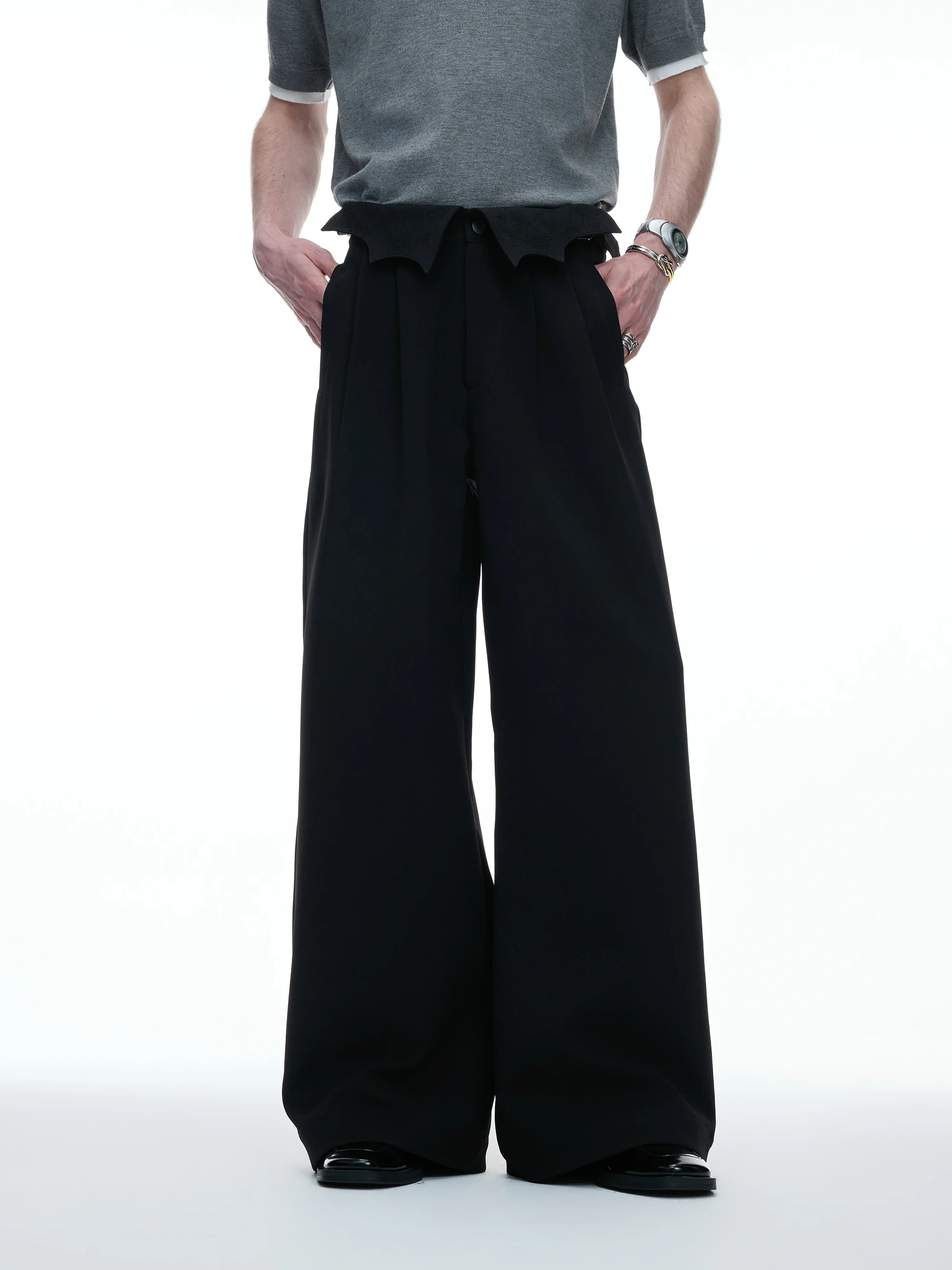 Casual Batwing Wide Leg Pants Straight Tube Embroidered Luxury Feel Leisure West Pants Asymmetrical Hemline Fashionable Stree...