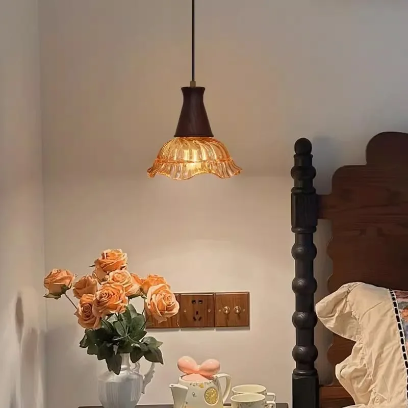 Vintage French Amber Glass Chandelier Medieval Style Retro Bedside Lamp for Bedroom Bar Wabi Sabi Brown Tea Room Decor Light