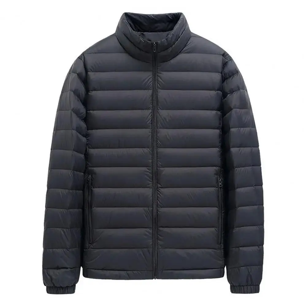 Męska kurtka z wysokim kołnierzem, pikowana kurtka bawełniana z kieszeniami i wysokim kołnierzem, lekka zimowa kurtka wierzchnia, jednolity kolor.