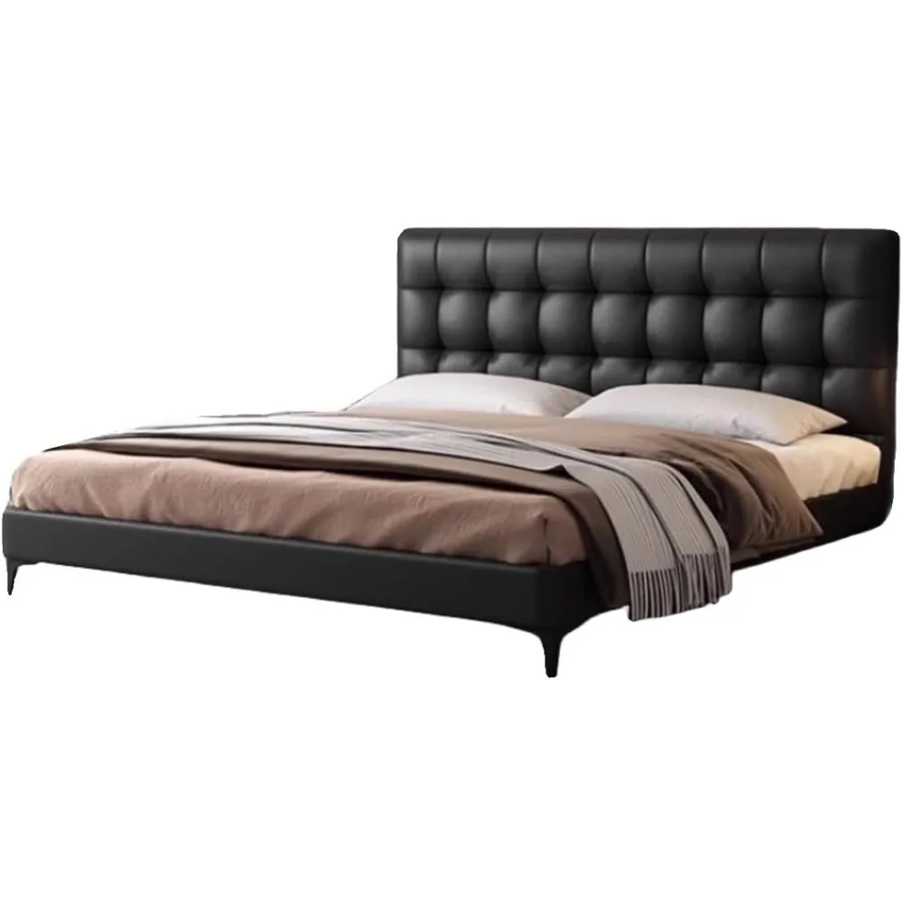 Full-size bed frame with headboard and sturdy wood slats, leather platform bed frame, queen size bed frame, no springs required