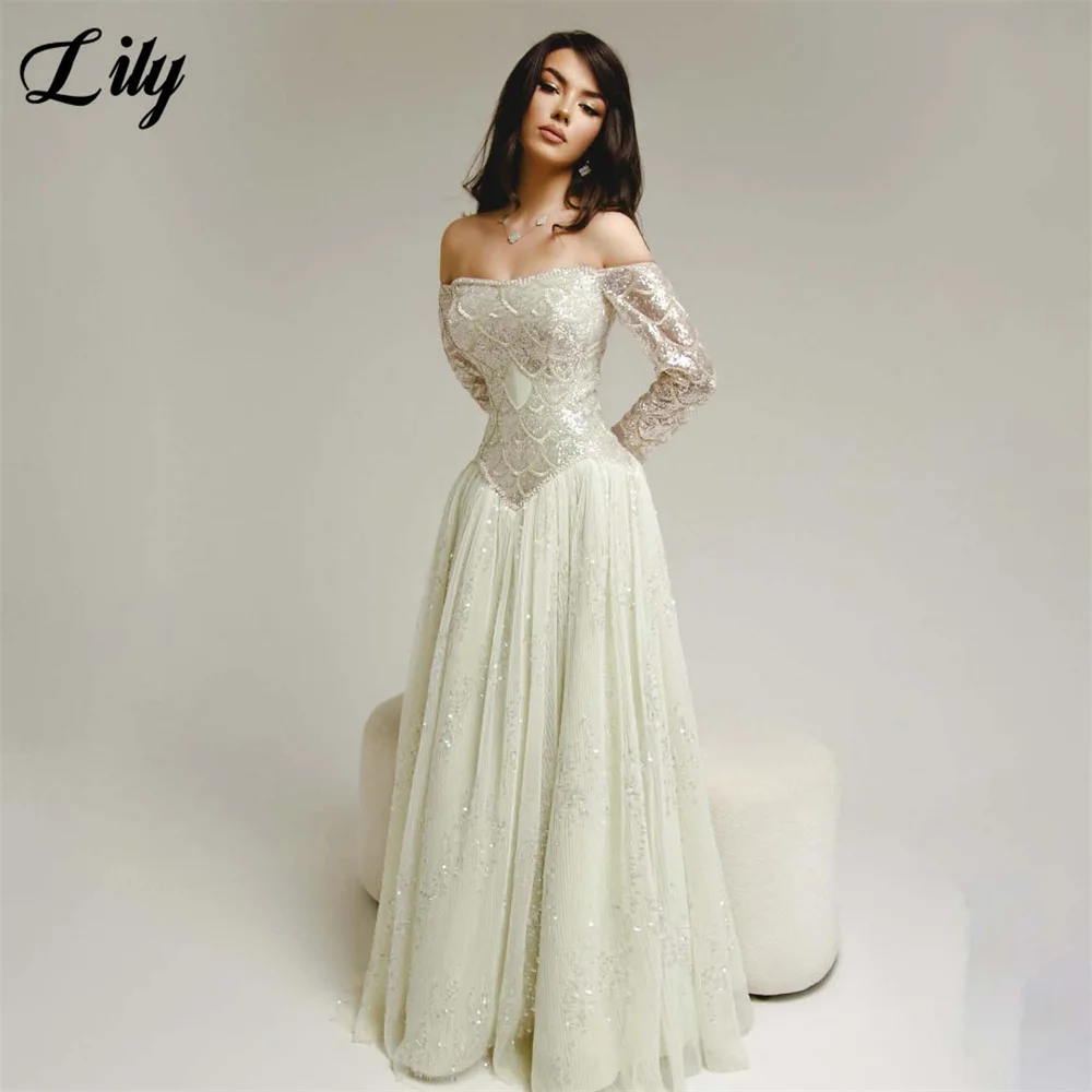 Lily Ivory Party Dresses Off Shoulder Long Sleeve فساتين السهرة Heavy Sequin Night Dress Pleated Celebrity Dress Customized