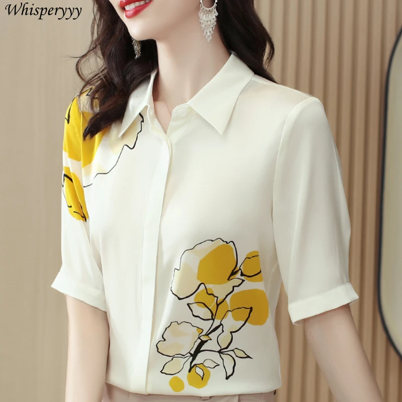 Blouse for Ladies Summer Short Sleeve Color Contrast Printed Fashion Turn-down Collar Tops Female Single-breasted Shirt Women