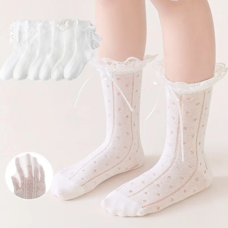 White Cute Bow Socks for Baby Spring Summer Thin Mesh Breathable Kids Middle Tube Socks 3-8 Years Girl Lolita Princess Socks
