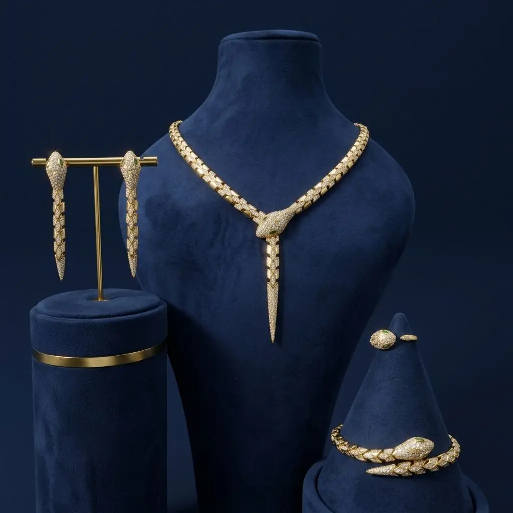 Bride Talk Luxury Snake Jewelry Set 4Pcs Gold Plated Serpent Animal Design Pave Zircon Wedding Bridal Accessories Party Gifts