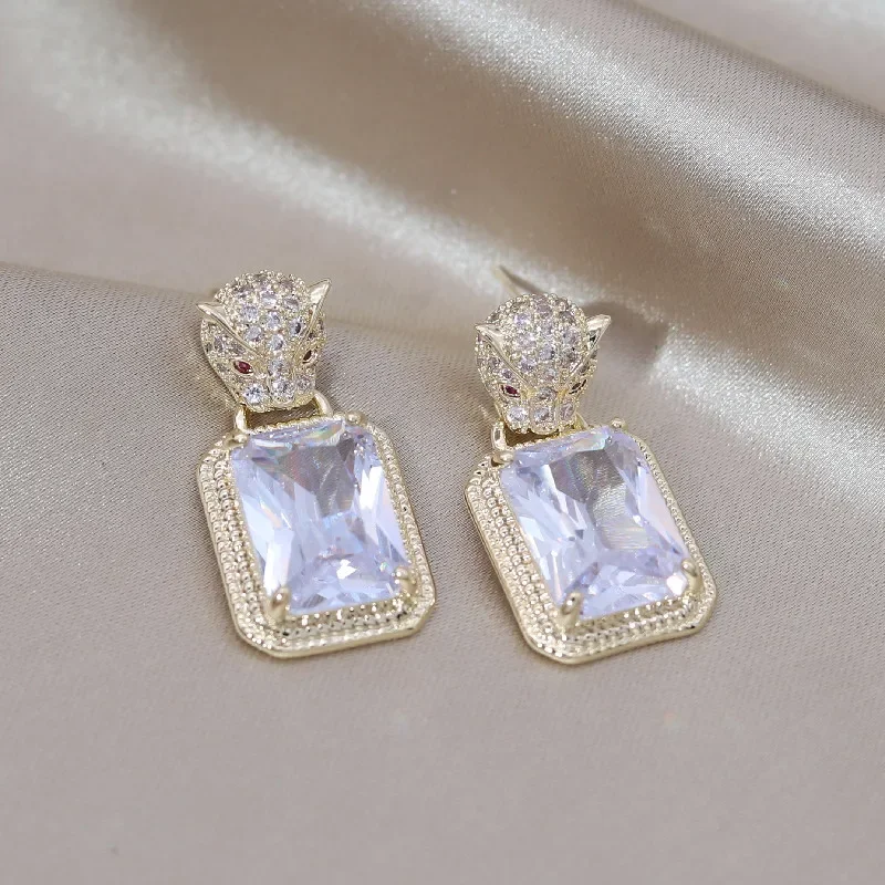 Korea New Design Fashion Jewelry Luxury Square Zircon Leopard  Gold Plated Earrings Elegant Women's Party Accessories