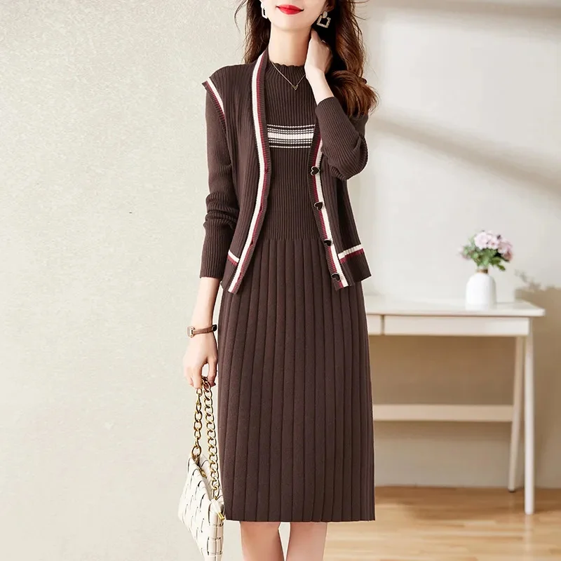 2024 Autumn And Winter New Style Two-Piece Suit Knitted Dress +Sleeveless Vest Loose Thin Temperament Over The Knee Sweater Suit