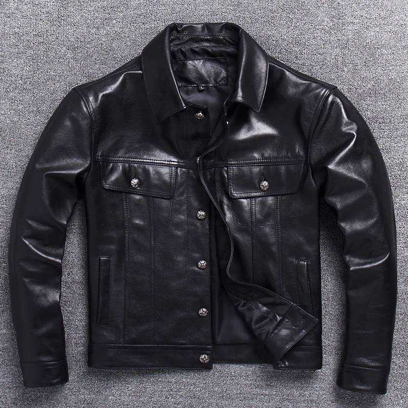 

Новинка 2025 года, джинсовая кожаная куртка, мужская тонкая куртка из натуральной овчины, повседневный стиль, однобортная модная одежда