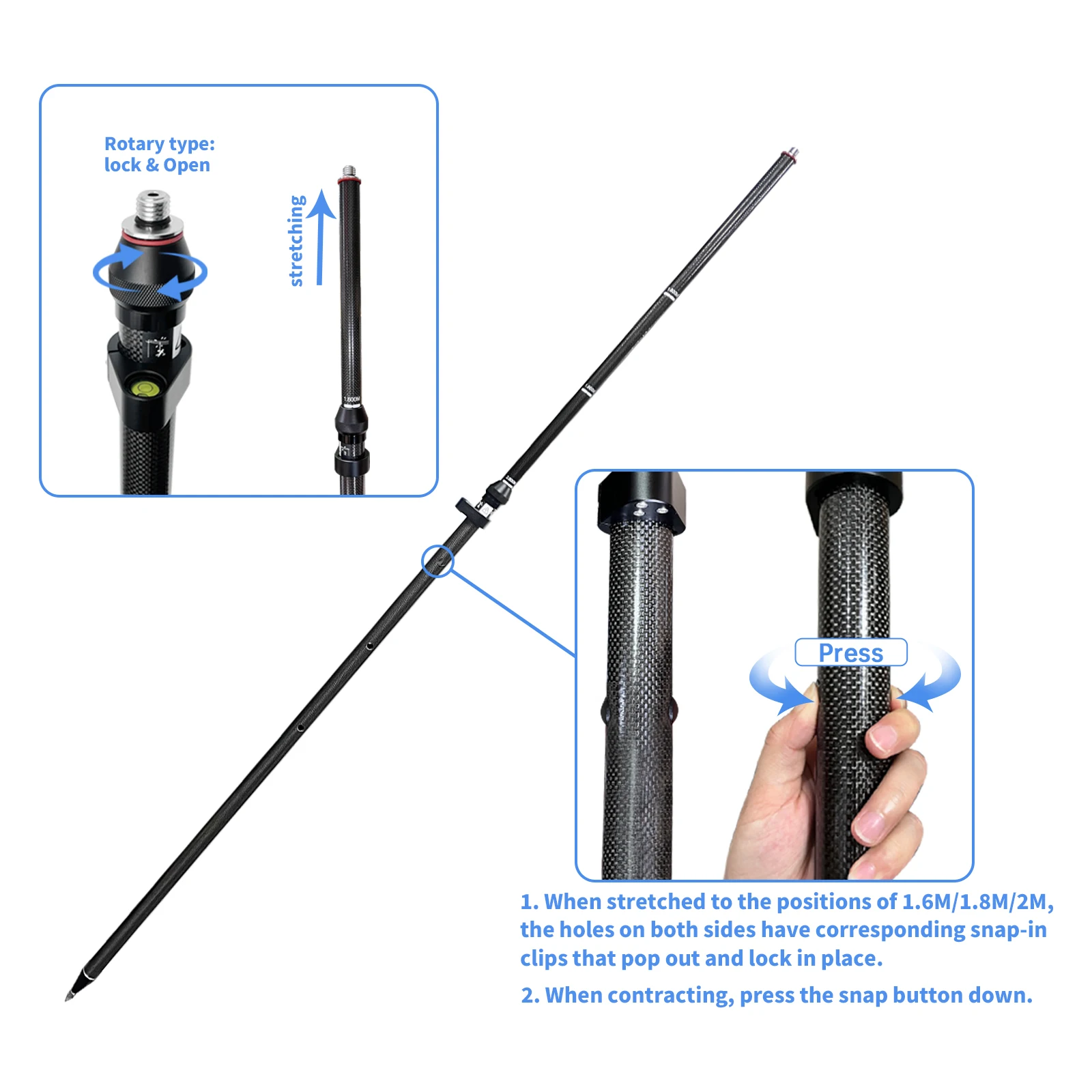 2pcs GLS30 Carbon Fiber GNSS Pole 2m Telescopic Centering Rod, 5/8